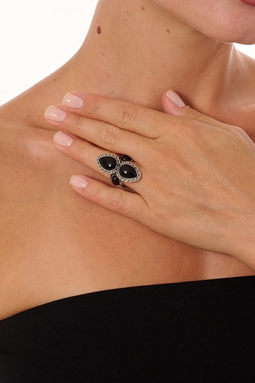 Kiraz Black Stoned Silver Plated Ring