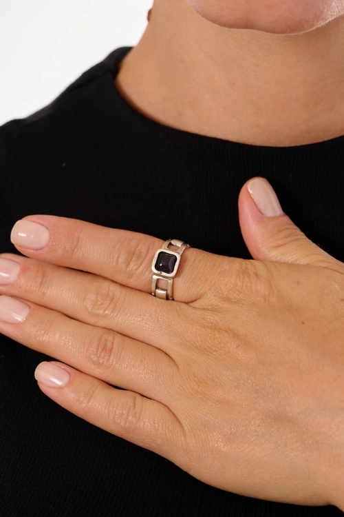Kiraz Black Stoned Silver Plated Ring