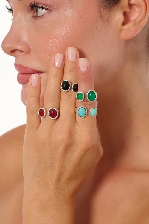 Kiraz Burgundy Stoned Silver Plated Ring