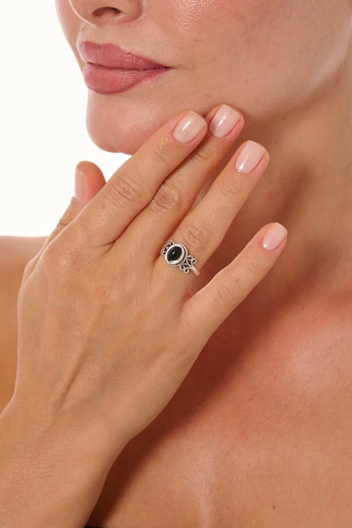 Kiraz Black Stoned Silver Plated Ring