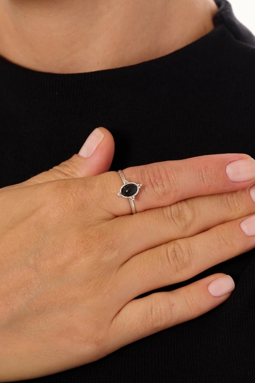 Kiraz Black Silver Stoned Plated Ring