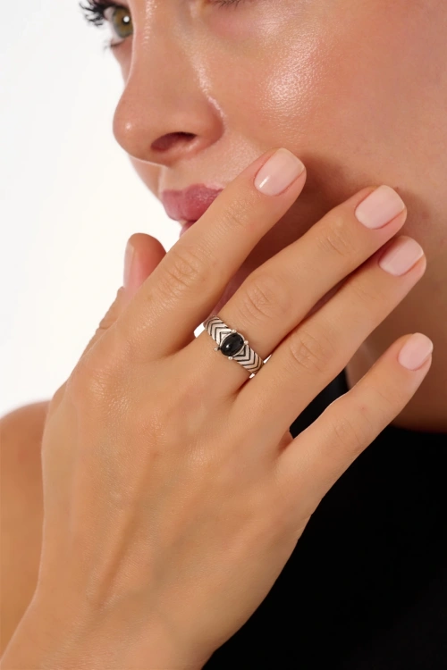 Kiraz Black Stoned Silver Plated Ring