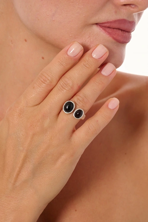 Kiraz Black Stoned Silver Plated Ring