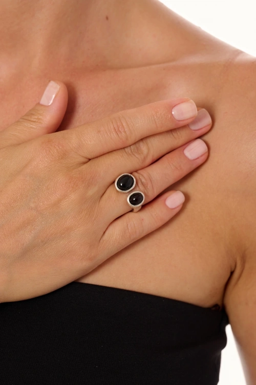 Kiraz Black Stoned Silver Plated Ring