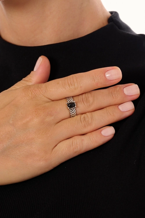 Kiraz Black Stoned Silver Plated Ring