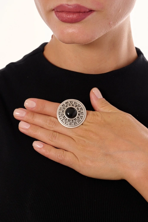 Kiraz Black Stoned Silver Plated Ring