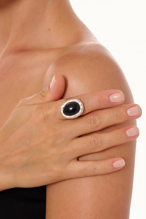 Kiraz Black Stoned Silver Plated Ring