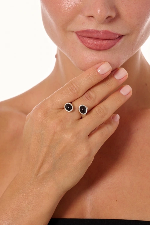 Kiraz Black Silver Stoned  Plated Ring