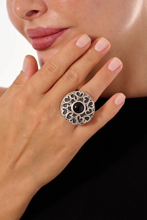 Kiraz Black Stoned Silver Plated Ring