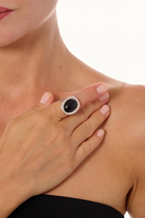 Kiraz Black Stoned Silver Plated Ring