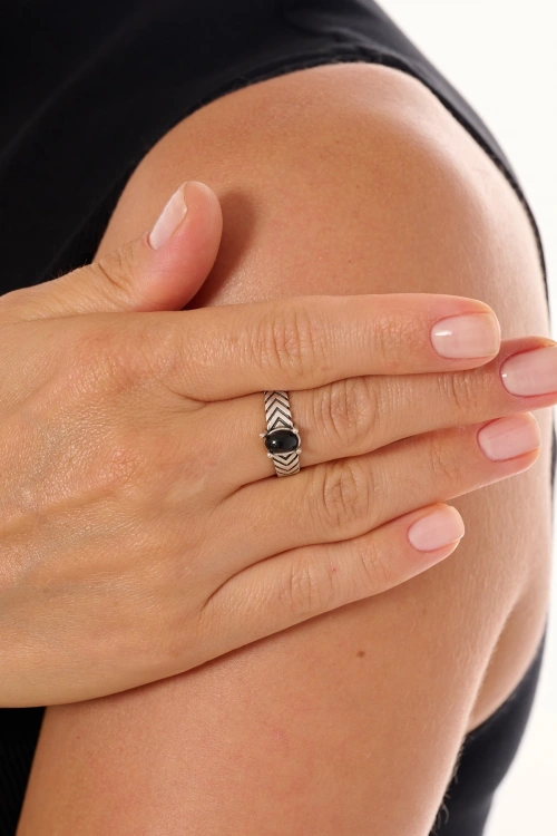 Kiraz Black Stoned Silver Plated Ring