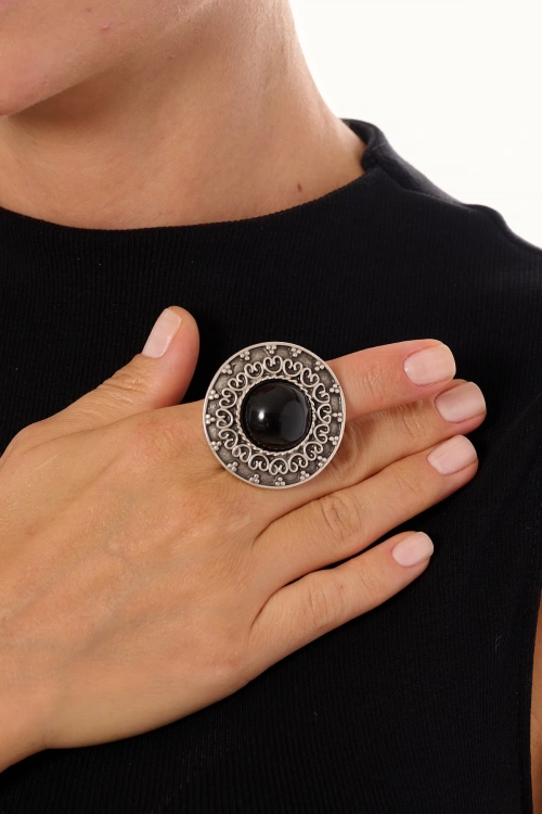 Kiraz Black Stoned Silver Plated Ring