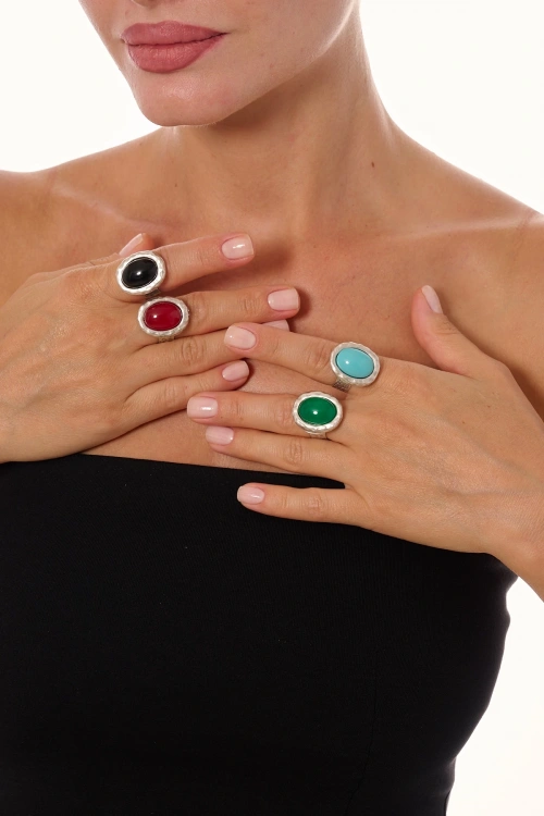 Kiraz Black Stoned Silver Plated Ring