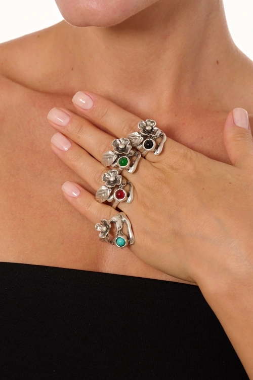 Kiraz Black Stoned Silver Plated Ring