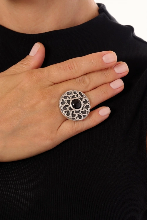 Kiraz Black Stoned Silver Plated Ring