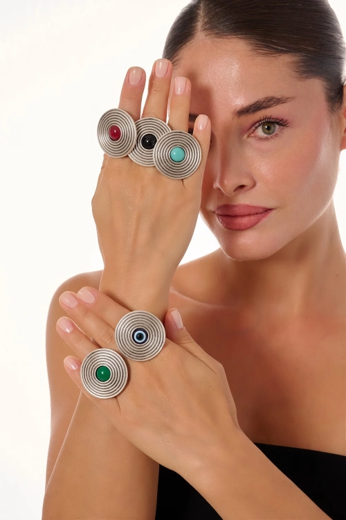 Kiraz Black Stoned Silver Plated Ring