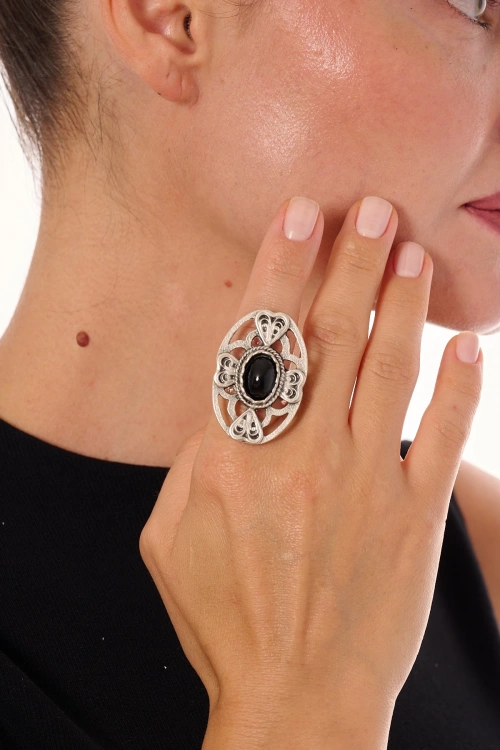 Kiraz Black Stoned Silver Plated Ring