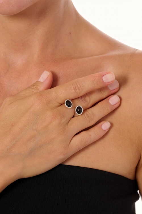 Kiraz Black Silver Stoned  Plated Ring