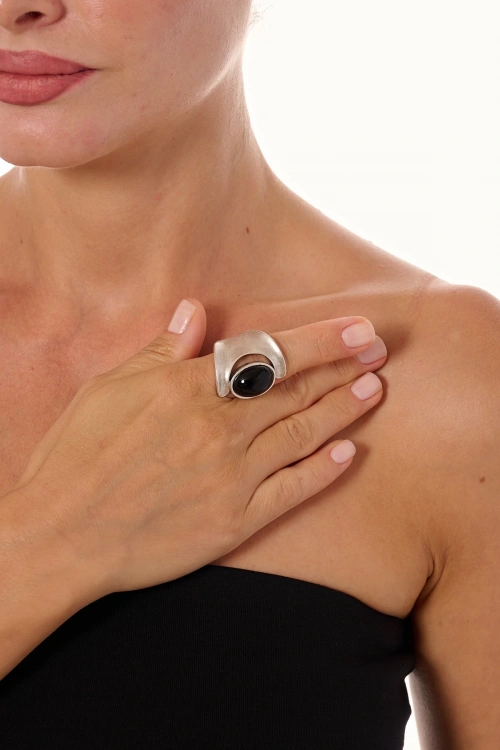 Kiraz Black Stoned Silver Plated Ring