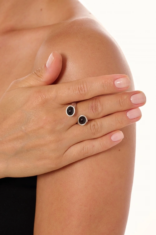 Kiraz Black Silver Stoned  Plated Ring