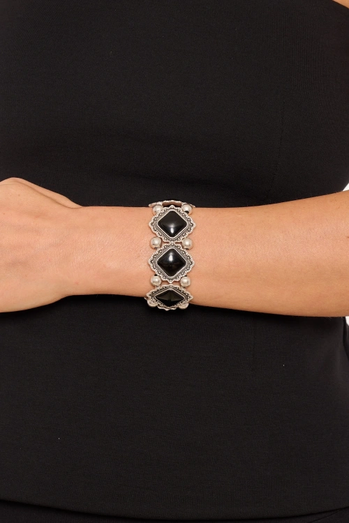 Kiraz Black Stoned Elastic Silver Plated Bracelet