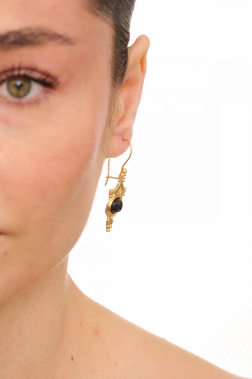 Kiraz Black Stoned Gold Plated Earring