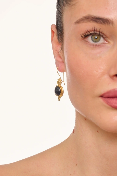 Kiraz Black Stoned Gold Plated Earring