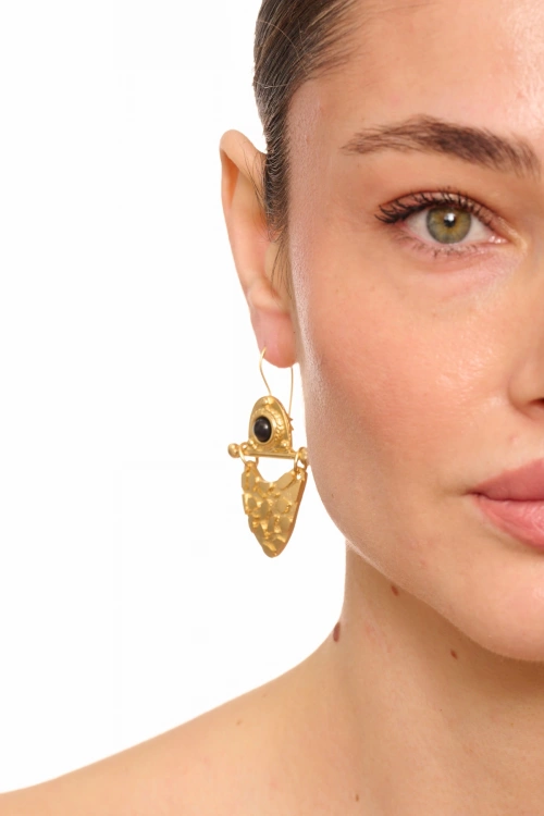 Kiraz Black Stoned Gold Plated Earring