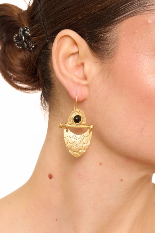 Kiraz Black Stoned Gold Plated Earring