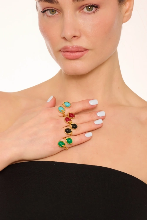 Kiraz Black Stoned Gold Plated Ring