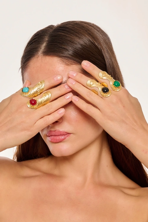 Kiraz Black Stoned Gold Plated Ring