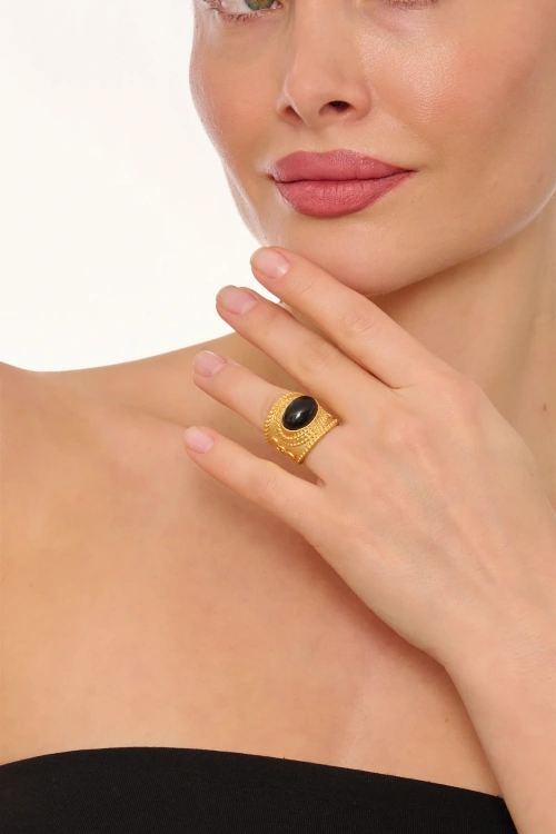 Kiraz Black Stoned Gold Plated Ring