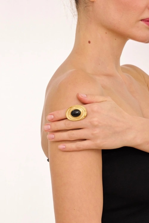 Kiraz Black Stoned Gold Plated Ring