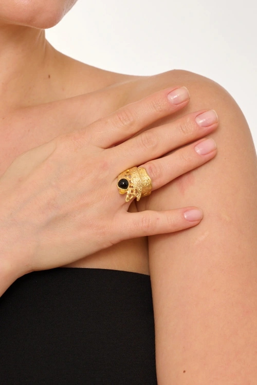 Kiraz Black Stoned Gold Plated Ring