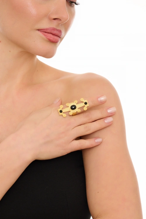 Kiraz Black Stoned Gold Plated Ring