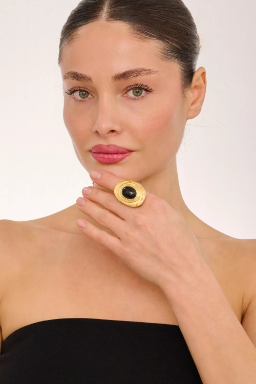 Kiraz Black Stoned Gold Plated Ring