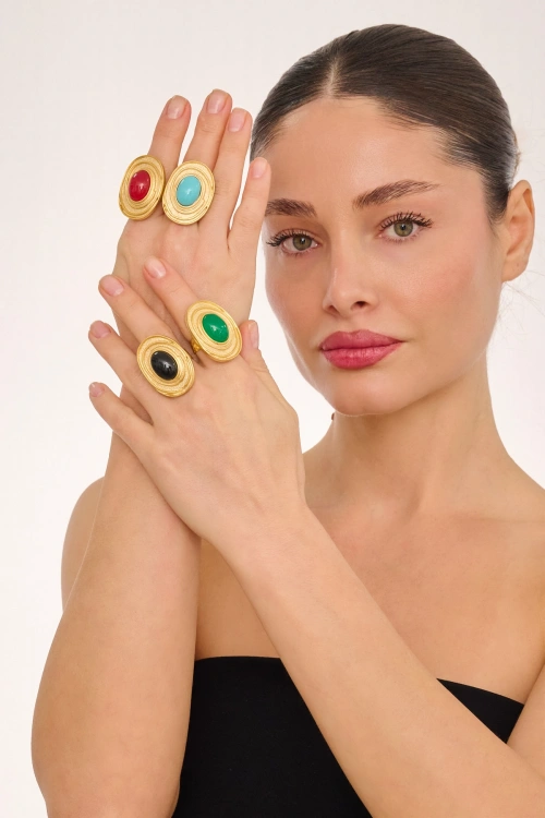 Kiraz Black Stoned Gold Plated Ring