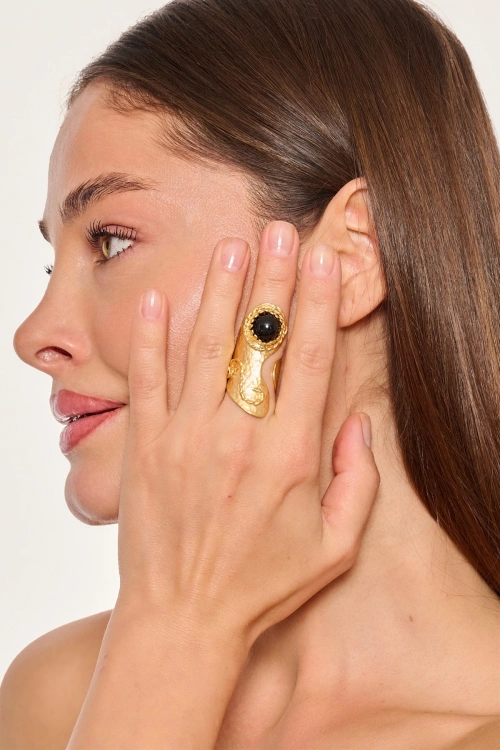 Kiraz Black Stoned Gold Plated Ring