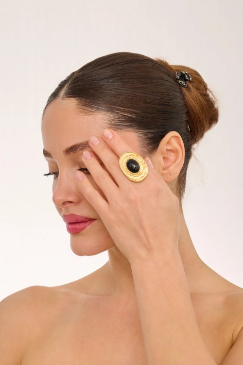 Kiraz Black Stoned Gold Plated Ring