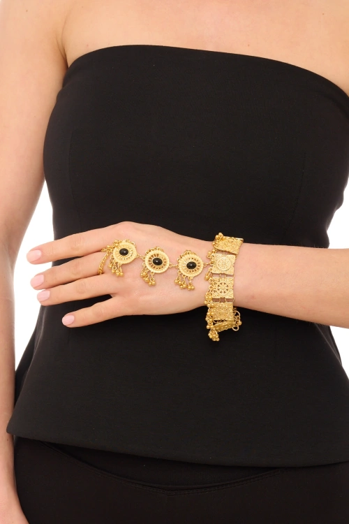 Kiraz Black Stoned Gold Plated Shahmaran Bracelet