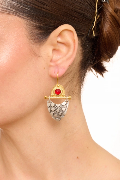 Kiraz Burgundy Stoned Silver And Gold Plated Earring