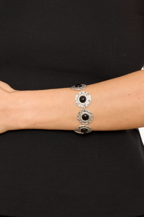 Kiraz Black Stoned Silver Plated Bracelet