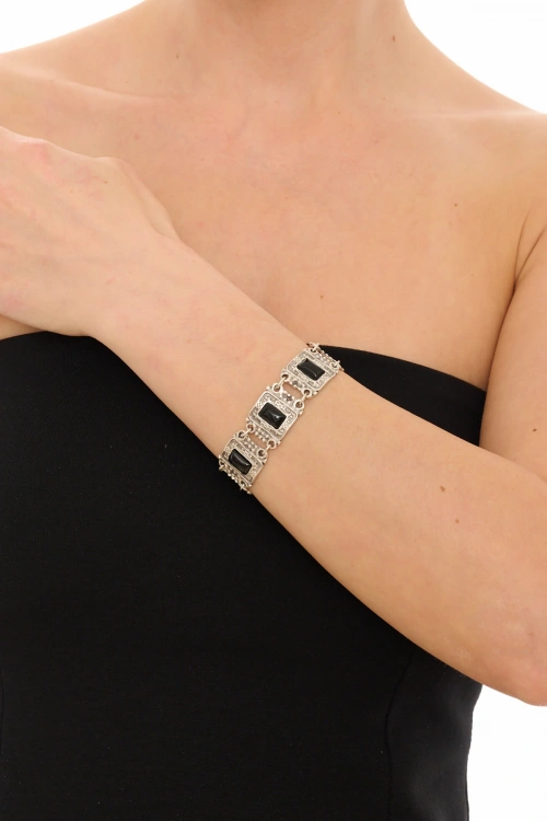Kiraz Black Stoned Silver Plated Bracelet