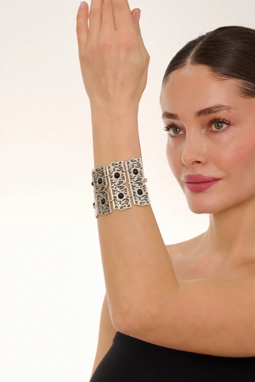 Kiraz Black Stoned Silver Plated Bracelet