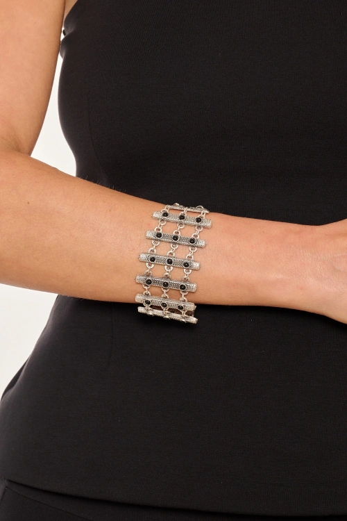 Kiraz Black Stoned Silver Plated Bracelet