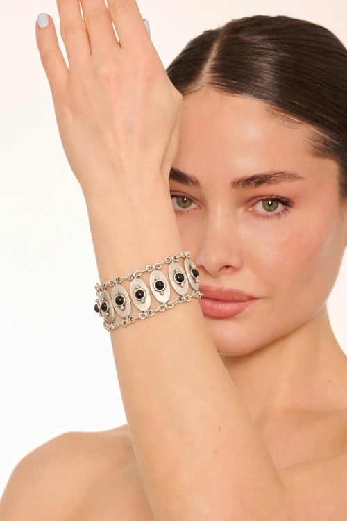 Kiraz Black Stoned Silver Plated Bracelet