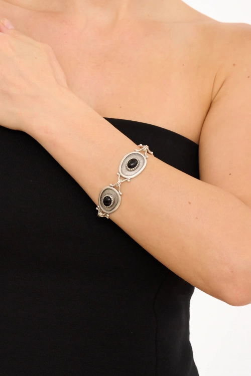 Kiraz Black Stoned Silver Plated Bracelet