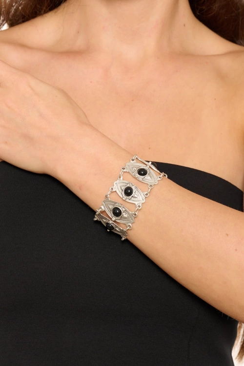 Kiraz Black Stoned Silver Plated Bracelet