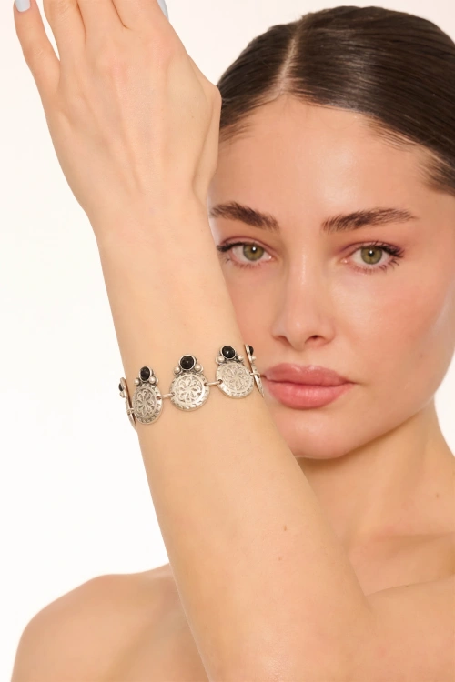 Kiraz Black Stoned Silver Plated Bracelet