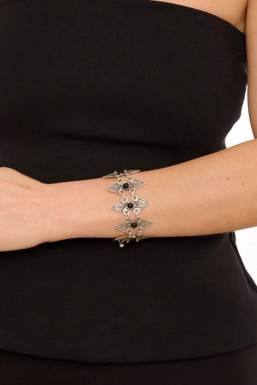 Kiraz Black Stoned Silver Plated Bracelet